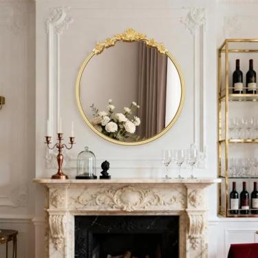 Imagem de PERHOM Espelho de parede redondo dourado - Espelho decorativo tradicional barroco vintage de 50 x 50 cm com moldura de metal grosso - Espelhos antigos para banheiro, lareira, sala de estar, entrada