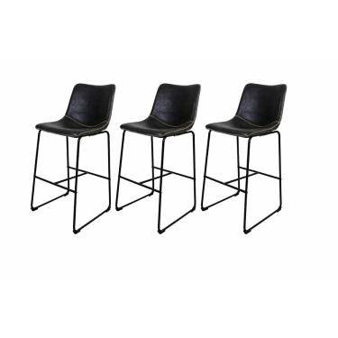 Imagem de Kit 3 Banquetas Munich Estofadas Pretas com Encosto 74cm Base Metálica