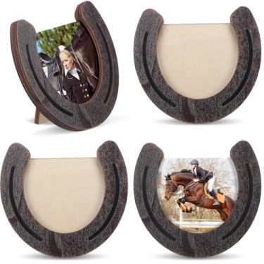 Imagem de AceOrbit 3 porta-retratos em ferradura de madeira ocidental comporta 9 x 8 cm com acrílico transparente para cavaleiros ou amantes de cavalos, presente vintage de festa de casamento