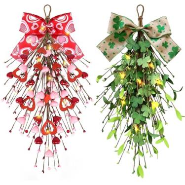 Imagem de 2 peças de guirlanda de 61 cm do Dia de São Patrício para porta da frente de coração artificial de trevo de lágrima, grinalda de lágrima, guirlanda irlandesa da sorte para armário de cozinha para