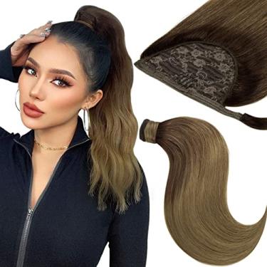 Imagem de Extensão de rabo de cavalo longo cabelo humano balayage extensões de cabelo rabo de cavalo natural envoltório em torno de rabo de cavalo para mulheres com pasta mágica 50 cm 90 g ombré marrom escuro