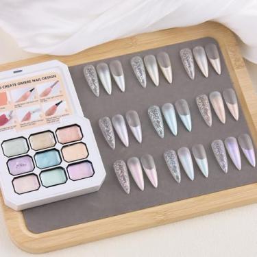 Imagem de Fcozpjk Patting, esmalte de gel, 9 cores, pintura ombré perolada, gel de unhas, branco, cromo, rosa, roxo, azul, gradiente, tinta, unhas aura, blush, florescendo, desenho, paleta de manicure, cura UV