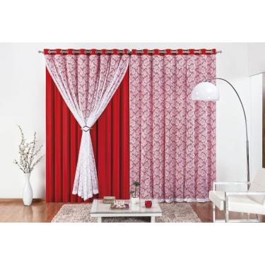 Imagem de Cortina Yasmin 2 Metros Vermelha Tecido Malha Com Renda Floral Sala ou Quarto