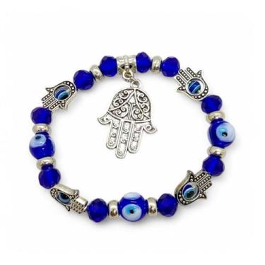 Imagem de Pulseira Feminina Olho Grego e Mão de Fátima Mão Hamsá Azul - Mandala