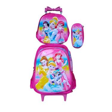 Imagem de Kit Mochila Infantil com Rodinhas Feminina Princesas Disney em 3D + La