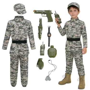 Imagem de yolsun Fantasia camuflada do exército de combate para crianças, fantasia de exército para meninos, uniforme de soldado militar, fantasia de festa de Halloween (camuflagem verde cinza, 6 a 8 anos)