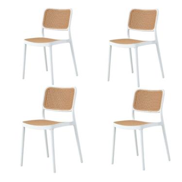 Imagem de Kit 4 Cadeiras Empilhável Mera Or Design Polipropileno Branco Assento Simulando Palha Bege