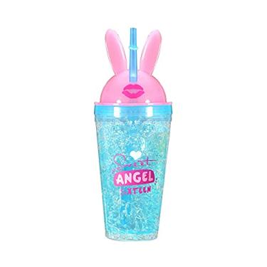 Imagem de Copo de viagem infantil de unicórnio com palha para garota, copo de gelo para freezer, caneca gelada com alça para tampa para piquenique festa aniversário (azul coelho, 480 ml)