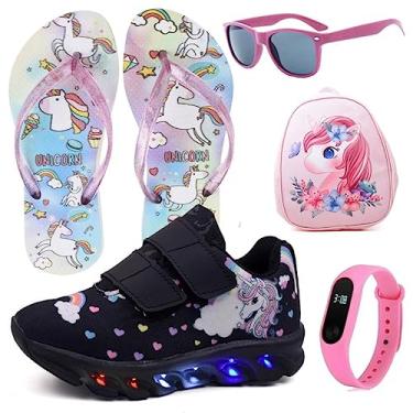 Imagem de Tenis Infantil De Led Unicornio Calce Facil Meninas LIGHT + Mochila Chinelo Oculos Relogio Cor:Preto;Tamanho:34