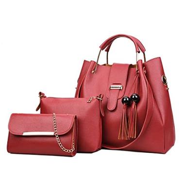 Imagem de Bolsa feminina de ombro feminina bolsa mensageiro casual bolsa feminina pacote mãe de três peças bolsas femininas, Vermelho, One Size