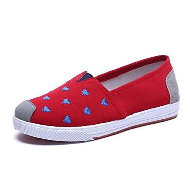 Imagem de Sapatos casuais femininos sapatos de tecido respirável fundo plano bordado lona sapatos de estudante fundo macio feminino, Coração vermelho, amarelo, 7