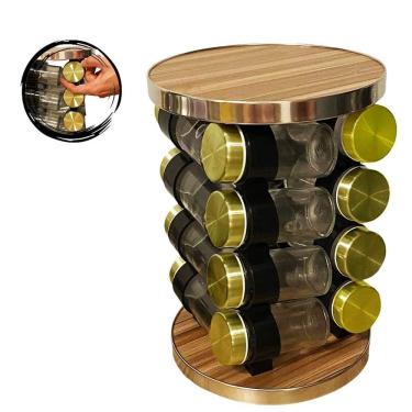 Imagem de Porta Tempero Giratório 16 Potes Vidro Suporte Cor Madeira