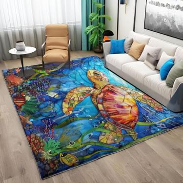 Imagem de Tapete de área azul tartaruga com estampa de animal de desenho animado 5 x 3, tapete macio antiderrapante para sala de estar, tapete geométrico moderno lavável na máquina, tapete para sofá, cozinha,