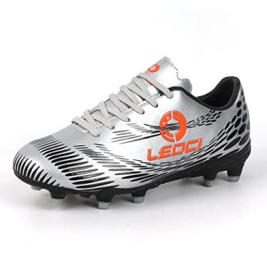 Imagem de LEOCI Chuteiras de futebol masculinas e femininas para uso ao ar livre/interno para meninos e meninas tênis profissional de futebol de futsal, Prata, 8.5 Women/7.5 Men