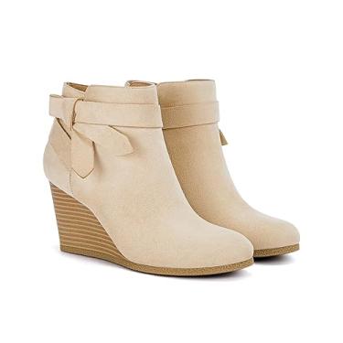 Imagem de Coutgo Botas femininas anabela, nó amarrado, cano baixo, salto empilhado, lateral com zíper lateral, Bege, 8