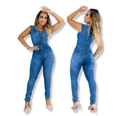 Imagem de Macacão  longo feminino jeans com lycra  tipo skinny  em lavagem clara