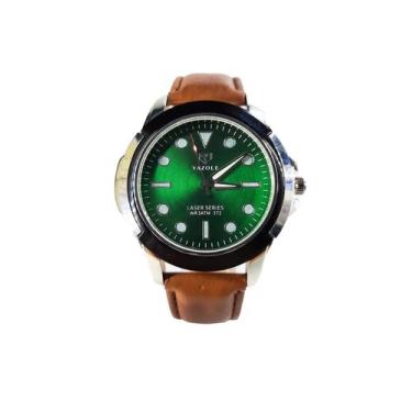 Imagem de Relógio Masculino Couro Marrom Com Fundo Verde Com Caixa - Yazole