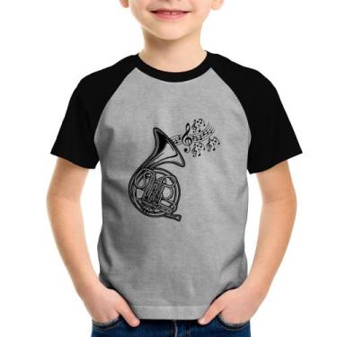 Imagem de Camiseta Raglan Infantil Trompa Notas Musicais - Foca na Moda, Cinza, 