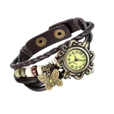 Imagem de Relogio Feminino Dourado Pulseira De Couro Bracelete Vintage - PENDULA