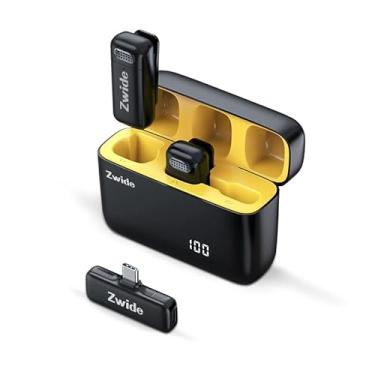 Imagem de Zwide Pacote com 2 mini microfones de lapela sem fio para dispositivos de porta USB-C com estojo de carregamento, 3 níveis de cancelamento de ruído e reverberação de microfone de lapela pequeno para
