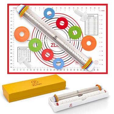 Imagem de Rolo de massa de aço inoxidável, conjunto de pastelaria, rolo com anéis grossos, tapete de silicone e base de armazenamento branca. As ferramentas de cozimento são embaladas em uma caixa luxuosa para