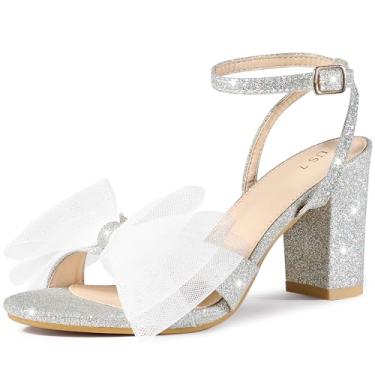 Imagem de Perphy Sandália feminina de salto alto grosso com laço de malha com glitter, Prata, 9.5