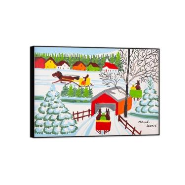 Imagem de MUHJDYC Impressão de pinturas famosas de moldura preta em tela - primitivismo tela de arte de parede - paisagem reprodução de pôster de belas artes (ponte coberta no inverno) 50 x 70 cm - 19 x 27 pol