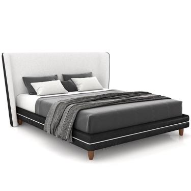 Imagem de Cabeceira Casal Nilo 195cm Com Cama Pés Madeira Suném P05 Couríssimo Preto Bouclê Cru - Lyam Decor