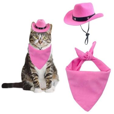Imagem de AWOCAN 2 peças de chapéu de cowboy para cães e gatos com bandana cachecol mini chapéu de cowboy para cães, gatos, férias, Halloween, decoração de festa para animais de estimação (estilo rosa 1