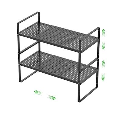 Imagem de SOFRON Prateleira de armazenamento expansível para armário empilhável rack organizador para cozinha banheiro despensa armário de especiarias bancada de café casa escritório mesa resistente antiderrapante preto grande 2 pacotes