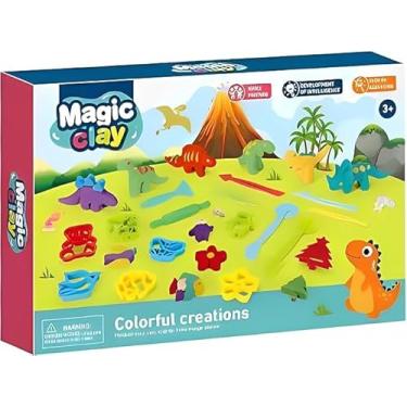 Imagem de Kit Massinha de Modelar Infantil com 8 Moldes, 6 Mini Dinossauros, Ferramentas e Acessórios, Colorido