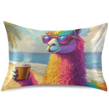 Imagem de Fronha de cetim animal lhama colorido arco-íris para cabelo fronhas padrão queen king impressão almofadas refrescantes capas de cama de sala de estar, tamanho king, 101,6 cm x 50,8 cm