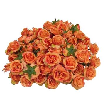 Imagem de ATFL Cabeças de flor de rosa laranja de cetim artificial, 80 peças de cabeças de rosa de seda a granel, flor falsa, sem caule, para flores de rosas sem haste artificial para buquê de artesanato DIY