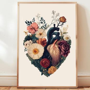Imagem de Arte de parede coração humano com flores impressão anatômica de coração botânico pôster de flores imagens de saúde mental arte de parede de psicologia abstrata tela de flor vintage arte de órgão