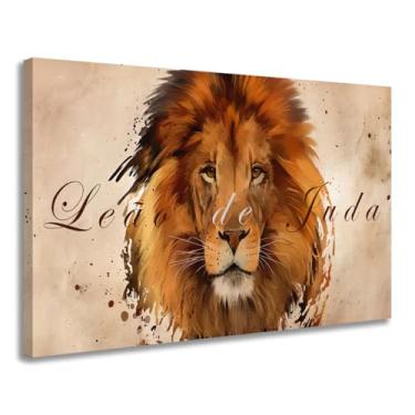 Imagem de Quadro Decorativo Leão de Judá em Tela Canvas 90x60cm, Estilo Art Deco, Tema Animal e Frase Bíblica para Sala
