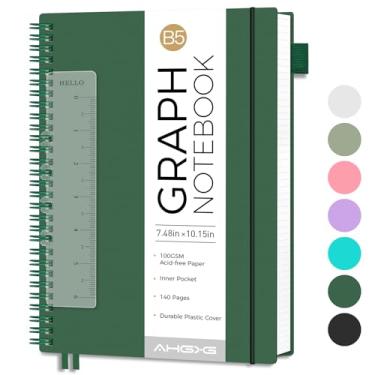 Imagem de AHGXG Caderno de papel milimetrado – Caderno espiral 19,3 cm x 25,4 cm, caderno gráfico grande B5, 140 páginas, papel quadriculado grosso de 100 g/m², capa de plástico impermeável, para engenharia de