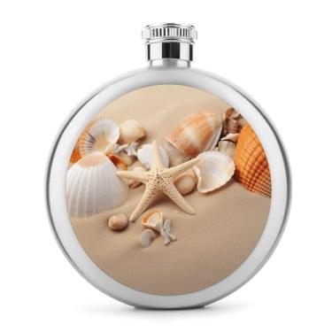 Imagem de Cantil clássico com estampa de conchas, estrela do mar, garrafa de aço inoxidável para licor, frasco de bolso de 142 g