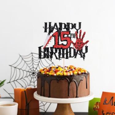 Imagem de Black Glitter Killer Happy 10th Birthday Cake Topper, Halloween Zombie Vampire Bloody Friday Birthday Decor, faca e máscara, glitter de um lado (Killer Happy Birthday, 15)