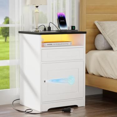 Imagem de Mesa de cabeceira com trava de impressão digital, mesa de cabeceira de LED com estação de carregamento, mesa de cabeceira branca de fazenda com armário, mesa de cabeceira de madeira para quarto