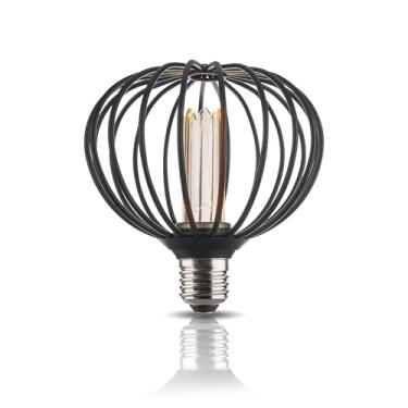 Imagem de Harwez Lâmpada LED decorativa redonda, globo médio regulável, lâmpada preta de gaiola de metal grosso, filamento virtual, 3,5 W 2200 K 70 lm, iluminação suave e quente, base E26
