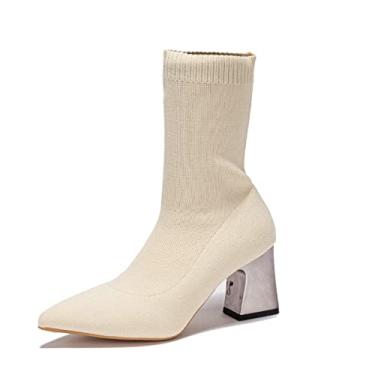 Imagem de GATUXUS Botas femininas de salto alto grosso, bico fino, cano médio, meia de tricô, sapatos quentes, Marfim, 36