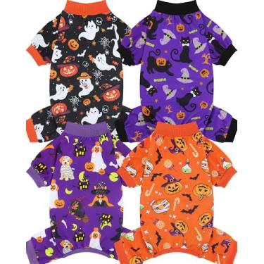Imagem de XPUDAC Pacote com 4 pijamas para cães de Halloween, fantasias engraçadas de fantasma de Halloween para cães, roupas macias e elásticas para cães pequenos e médios, meninos e meninas, P
