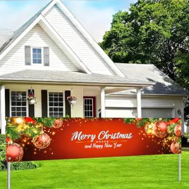 Imagem de BlissYard Faixa de Feliz Natal e Feliz Ano Novo 188 x 43 centímetros enfeites de árvore de Natal luzes para temporada de férias, evento de festa ao ar livre, decoração de quintal suprimentos de