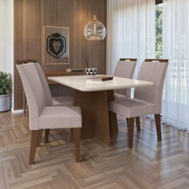 Imagem de Conjunto 120x77cm Tampo de Mdf e Vidro com 4 Cadeiras Evora Freijó/Bege