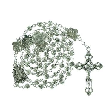 Imagem de Intercession Rosário católico rosa prata – contas florais ornamentadas e crucifixo, feito à mão com medalha milagrosa centro de mesa, Medium, Liga de aço, Sem Pedra Preciosa