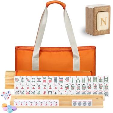 Imagem de MUTEX American Mahjong Game Set, 166 Premium Mahjong Tile Set with Traveler Size Stylish Orange Carrying Bag, Western Mahjong Set with 4-Piece Wood Mahjong Racks/Pushers, Mahjong Ma Jong Set