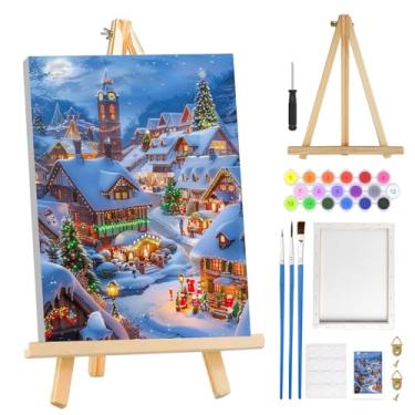 Imagem de MOGTAA Kit de pintura de Natal por números para adultos iniciantes com moldura, kits de pintura por números de Natal inverno adulto em tela com cavalete, kits de pintura a óleo DIY fáceis para