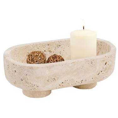 Imagem de Radicaln Tigela oval de mármore com suporte, travertino, tigela de frutas feita à mão de 25,4 cm para balcão de cozinha, prato de doces, suporte de frutas e tigela decorativa para decoração de casa