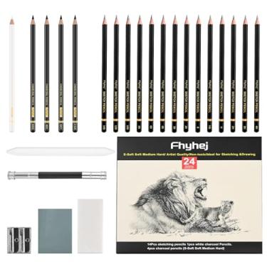 Imagem de Fhyhej Conjunto de lápis de desenho para esboçar 24 peças - Lápis de grafite (14B-4H), lápis de carvão preto e branco, palitos de carvão, tocos, borracha, apontadores para iniciantes e artistas