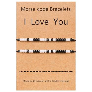 Imagem de 2 pulseiras com contas de código Morse I Love You para casais, pulseiras combinando, relacionamentos de longa distância, presente de joias de aniversário dos namorados